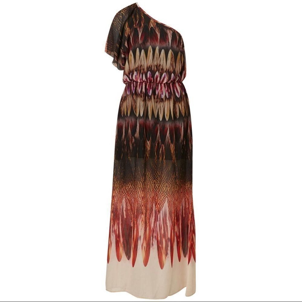 Topshop Feather Print One Shoulder Off Shoulder Maxi Dress Size US 8